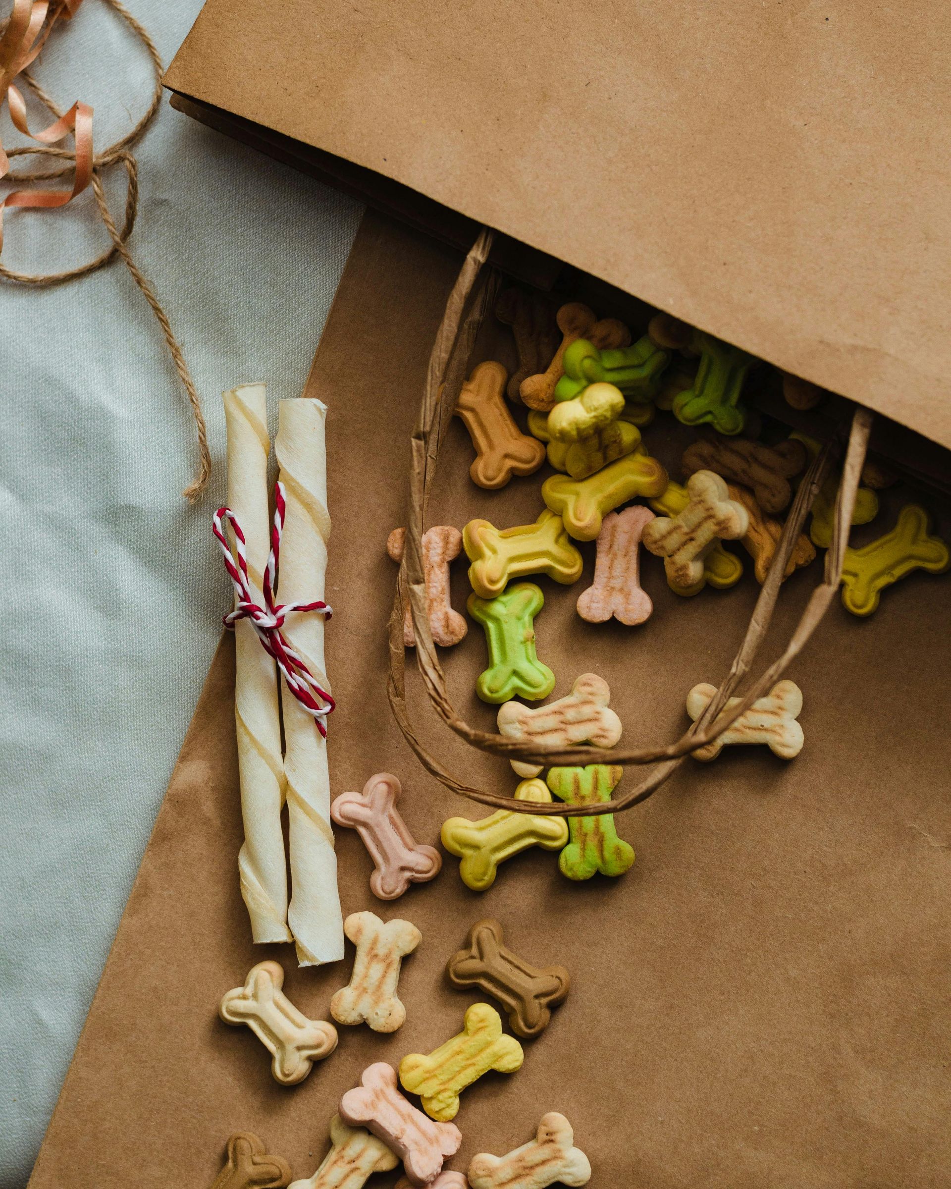 Kraft paper bag with small bone-shaped dog treats, tied snack sticks, and twine on a rustic background