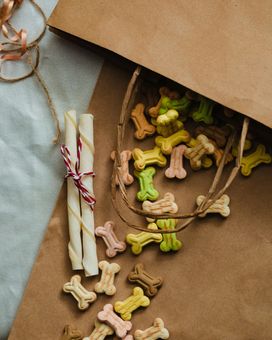 Brown paper bag with scattered pastel dog-shaped treats and a tied bundle of white sticks on a gray cloth background