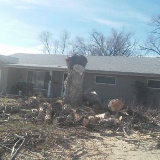 A severely damaged house with debris and a large tree stump in the front yard under a blue sky