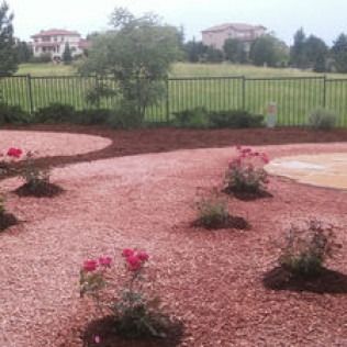 Curved pink gravel garden path with small flowering shrubs, grassy field, and houses in the distance