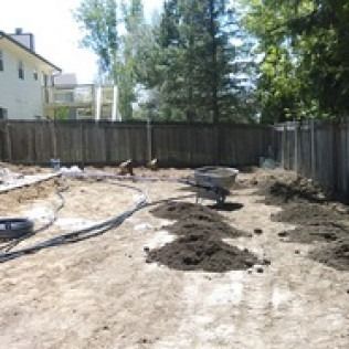 Dirt backyard with a wheelbarrow, scattered soil piles, and a hose along a wooden fence under trees.