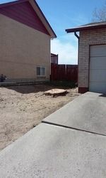 Narrow concrete side yard between two buildings with dirt ground and a red fence under a blue sky