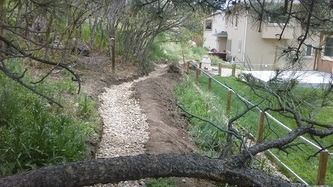Narrow dirt path beside a house, bordered by green grass and trees with a fallen branch in the foreground.