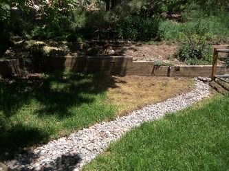 Backyard with a curved white gravel path through grass and a raised garden bed in the background