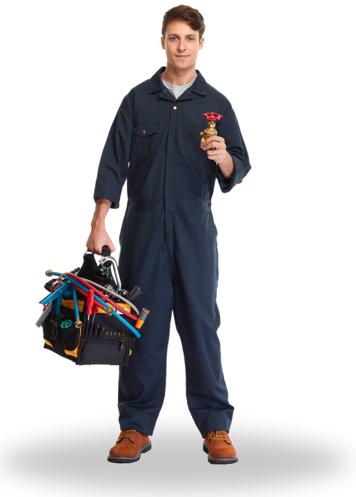 Plumber in blue coveralls holding a toolbox and a brass fitting.