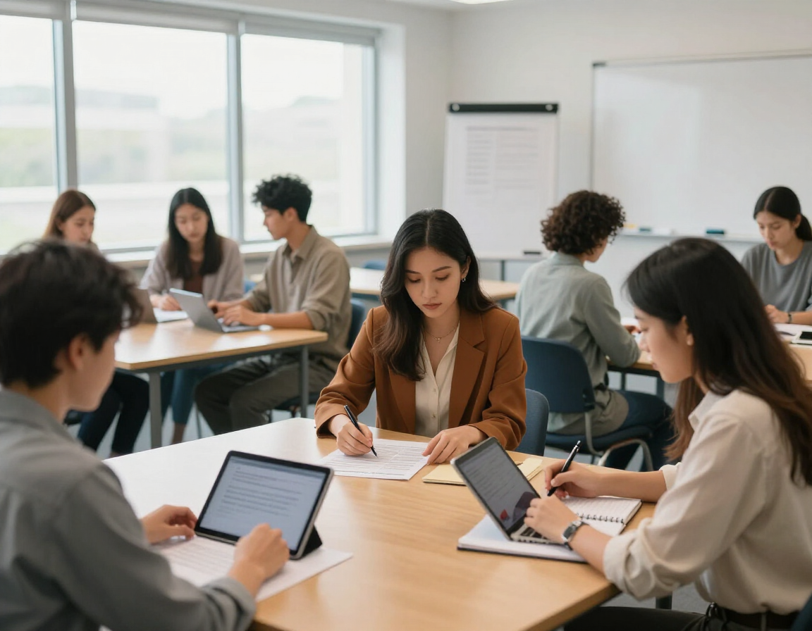 Personas colaborando en mesas con ordenadores portátiles y notebooks en una luminosa sala de reuniones.