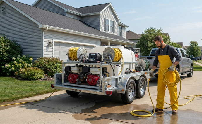 Pressure washing equipment ready for residential cleaning