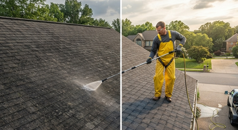 Roof cleaning technician working on a residential property