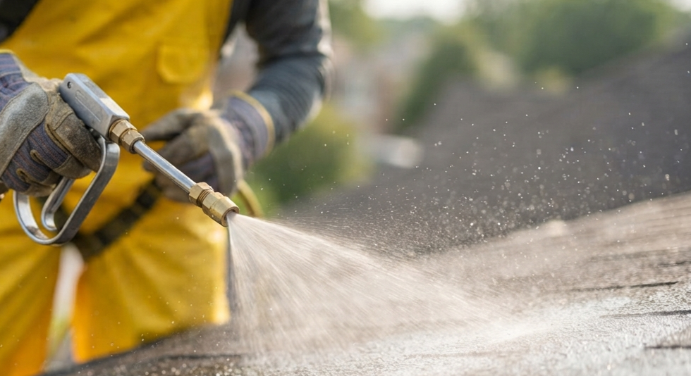 Roof cleaning service removing dirt and discoloration