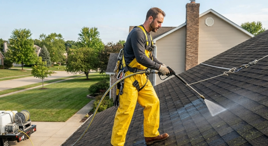 Professional soft wash roof cleaning for curb appeal