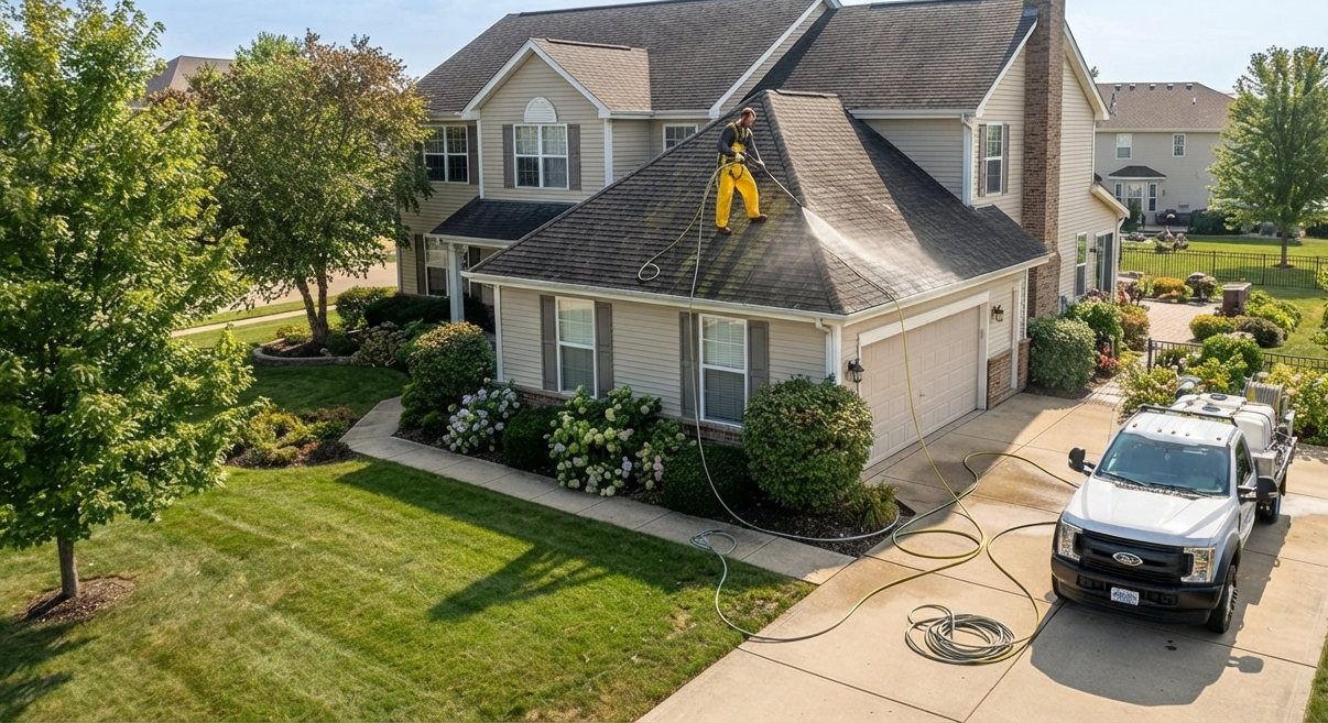 Soft washing a home's roof with professional equipment