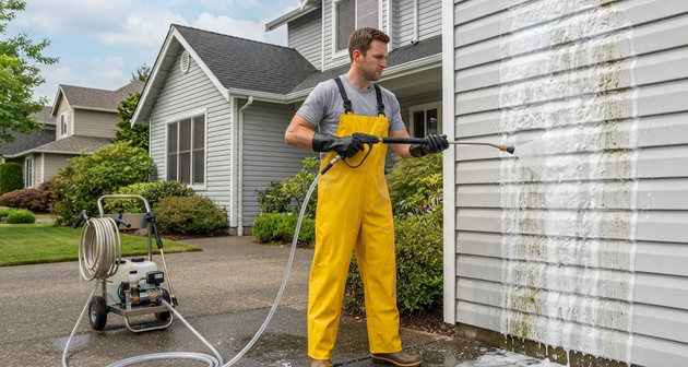 Technician cleaning outdoor surfaces with pressure washing