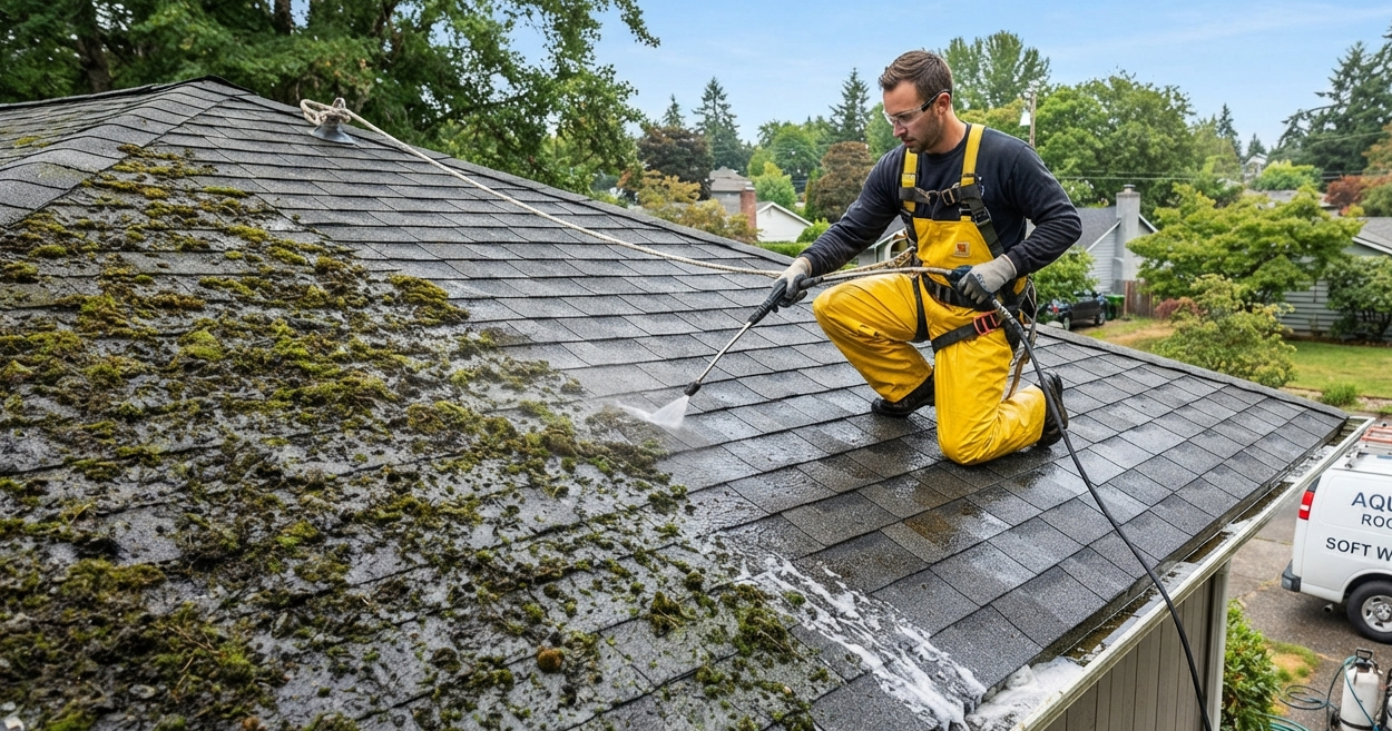 Professional roof cleaning to remove algae and moss
