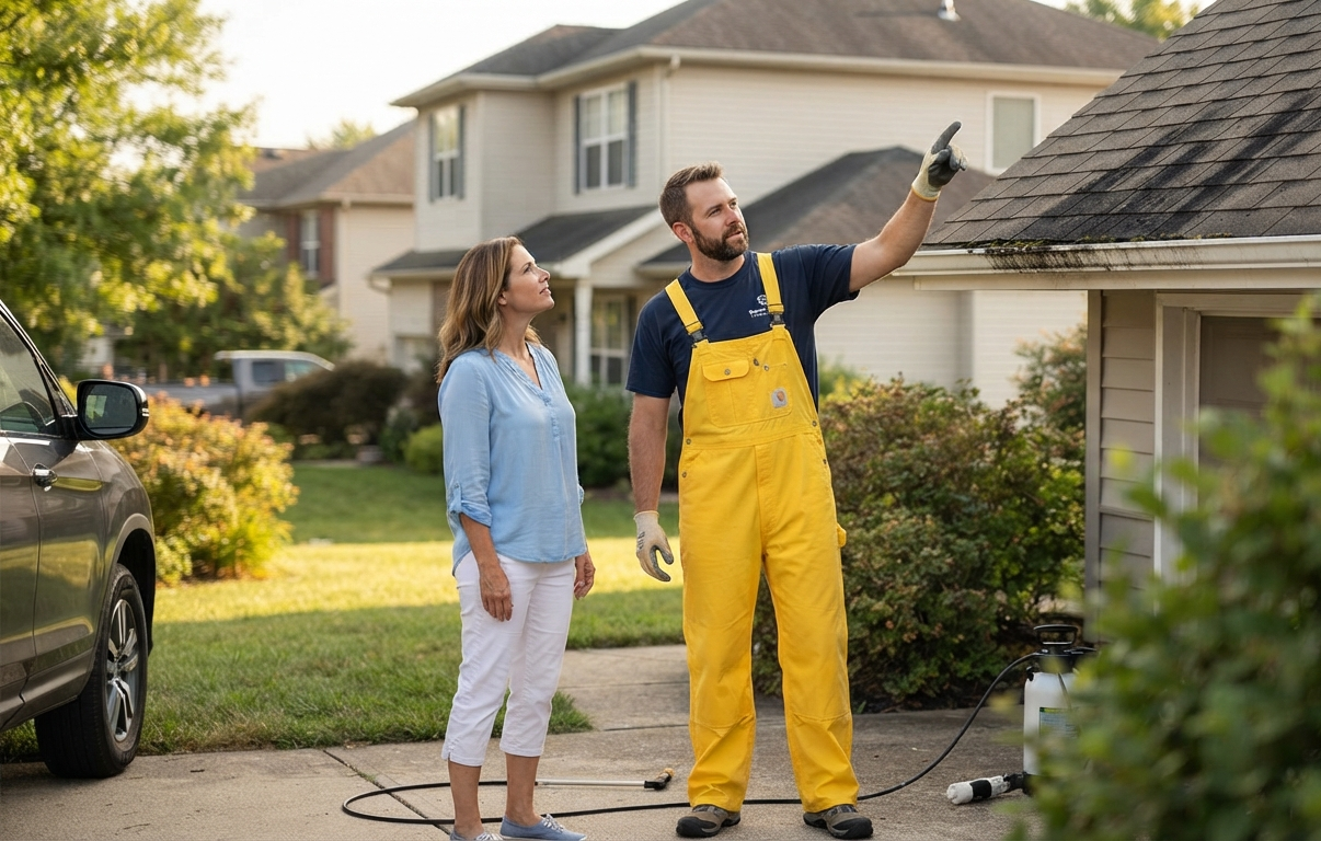talking about the cleaning of roof both workers and client