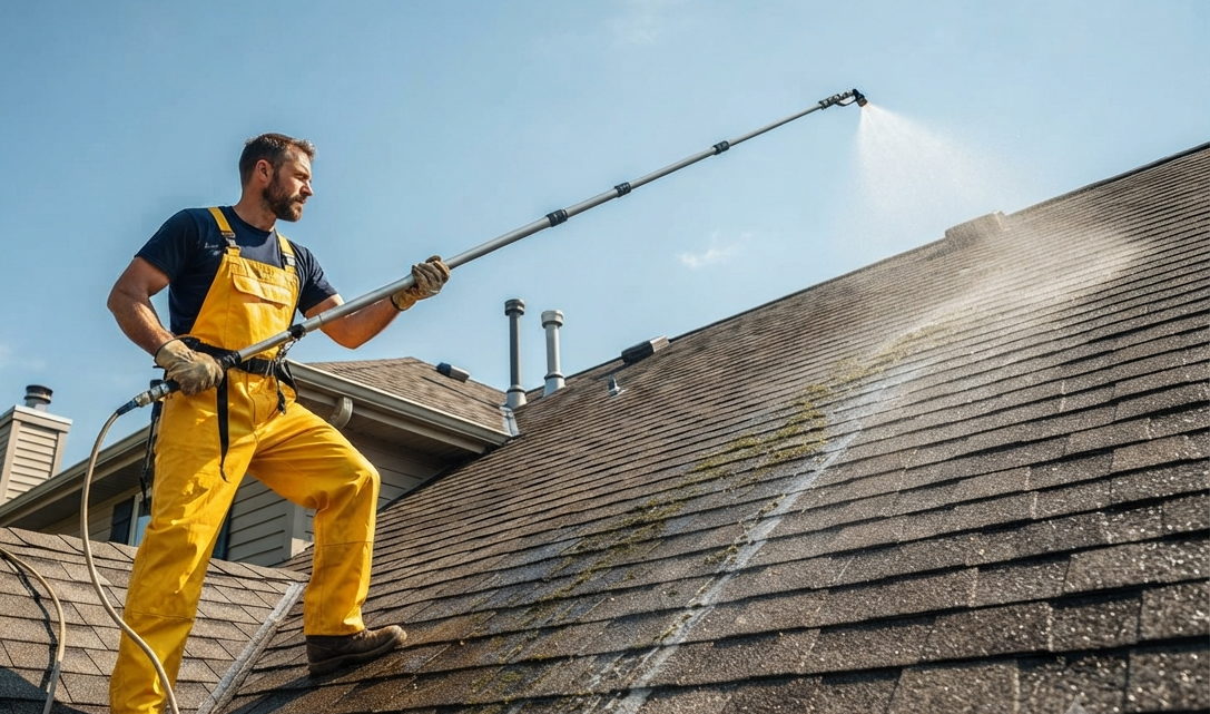 Professional roof cleaning service removing black roof stains