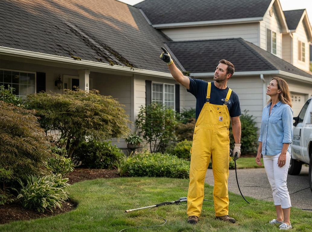 workers and client talking about the cleaning of roof