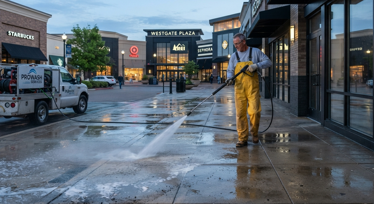 Technician pressure washing a commercial parking lot entrance