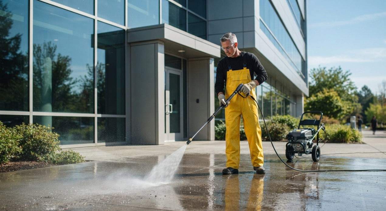 Commercial pressure washing technician cleaning a retail storefront sidewalk