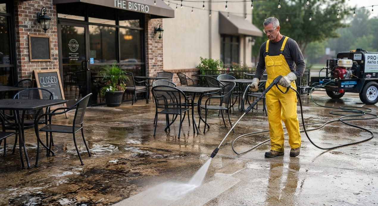 Commercial pressure washer cleaning stained concrete surfaces