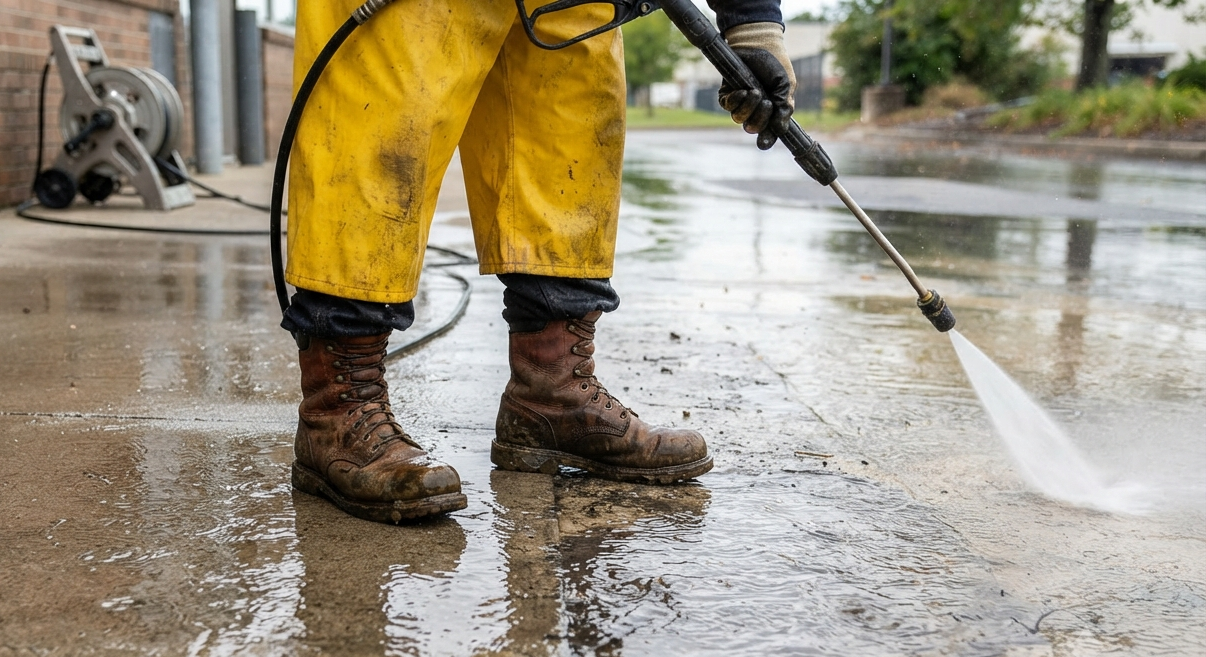 Pressure washing technician restoring commercial concrete pavement
