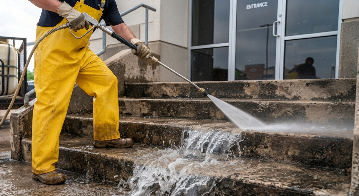 Commercial pressure washing for shopping center sidewalks