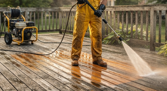 Exterior cleaning using commercial pressure washing equipment
