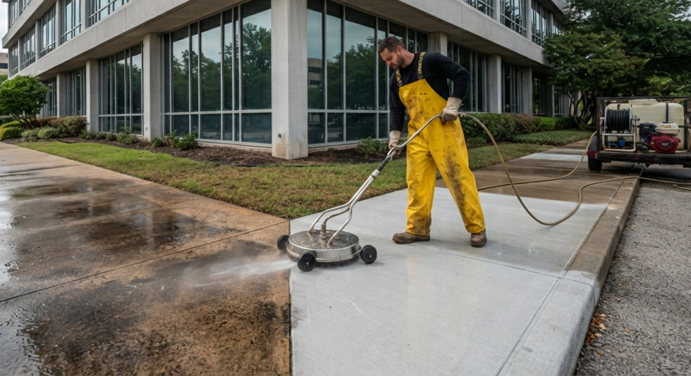 Pressure washing crew cleaning concrete outside a commercial building