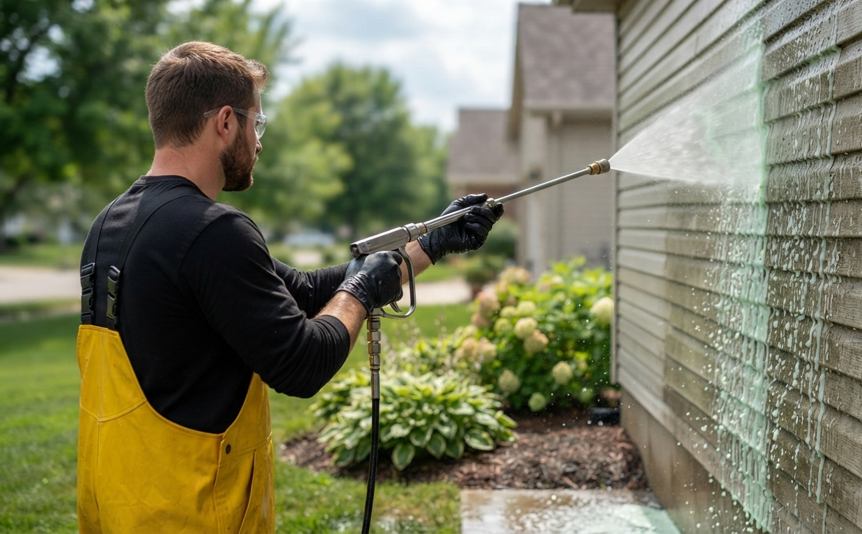 House washing service removing dirt and algae from siding