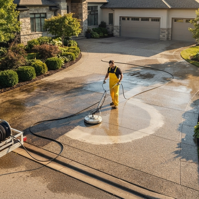 Pressure washing contractor cleaning a concrete driveway