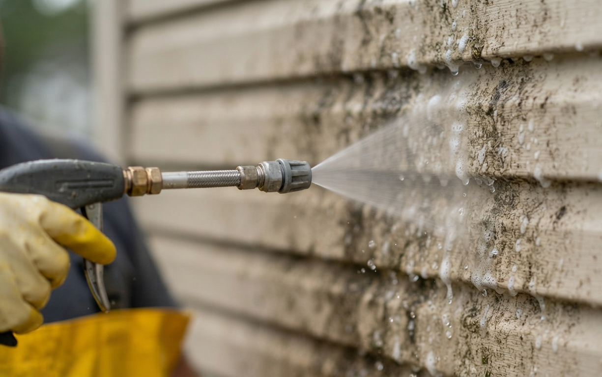 House washing technician cleaning exterior siding safely