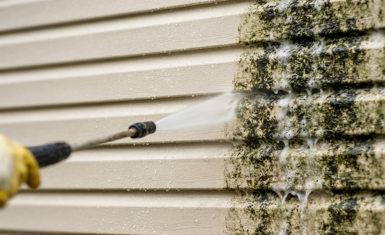 Technician washing the exterior walls of a residential home