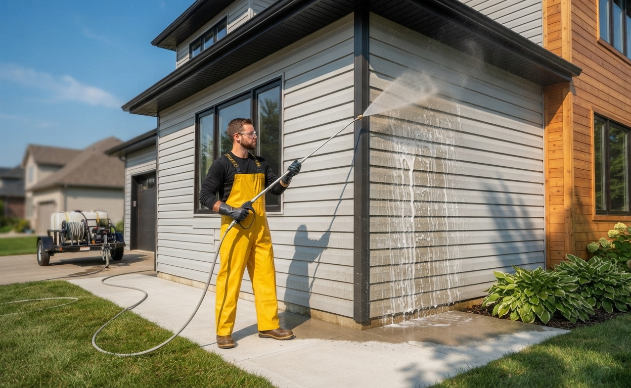 House washing technician cleaning exterior walls with soft washing
