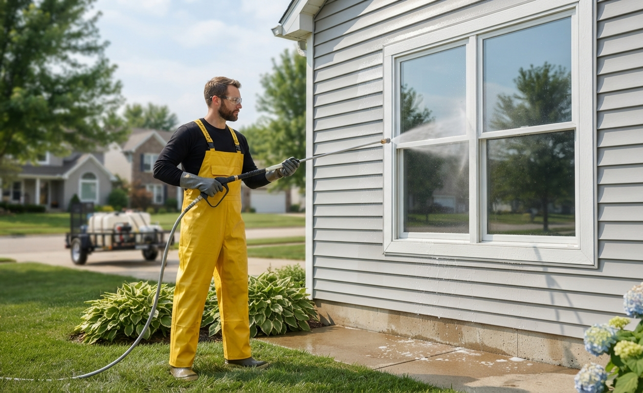 Professional house washing service cleaning residential siding