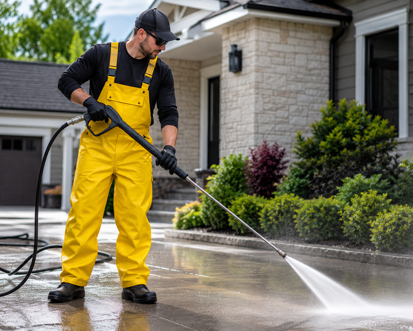 Pressure washing contractor cleaning outdoor concrete surfaces