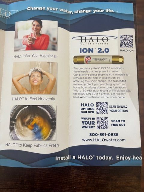Brochure for HALO water systems: a woman drinking water, taking a shower, and laundry washing; text and QR codes.