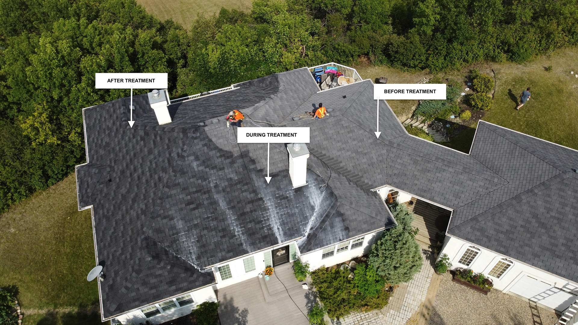 Aerial view of a house with a dark roof; workers are on the roof.  Labels point to chimneys and roof details.