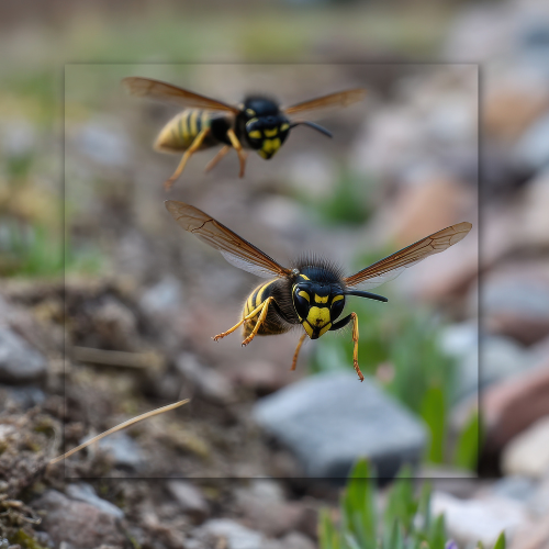 Two yellow and black wasps are flying in the air