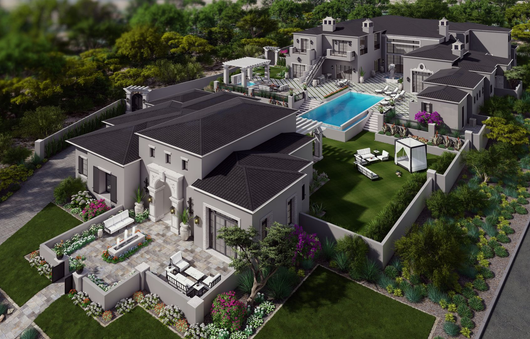 A large house with a swimming pool in front of it
