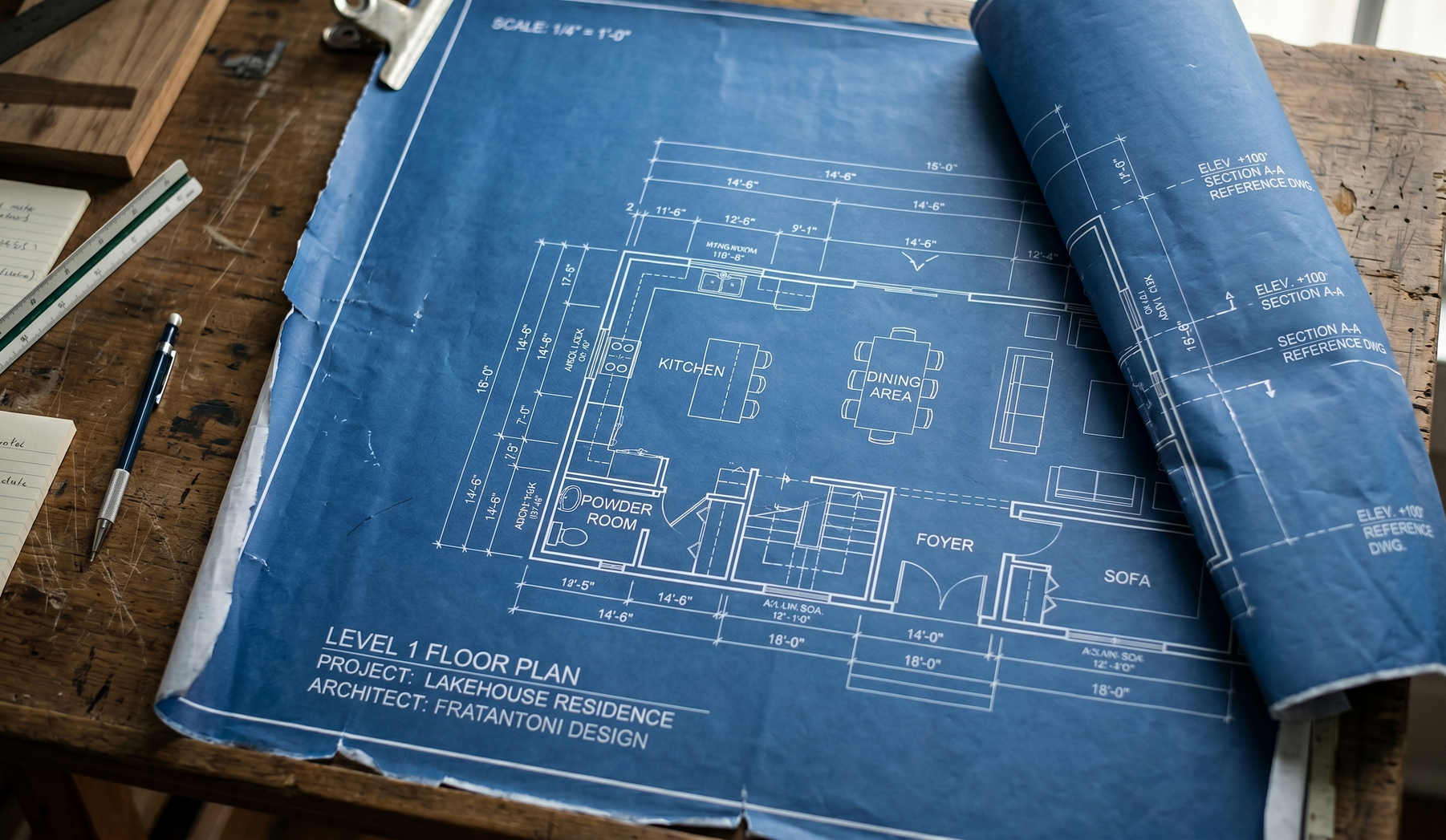 Blue architectural blueprint paper rolled on a wooden table with white technical drawing lines