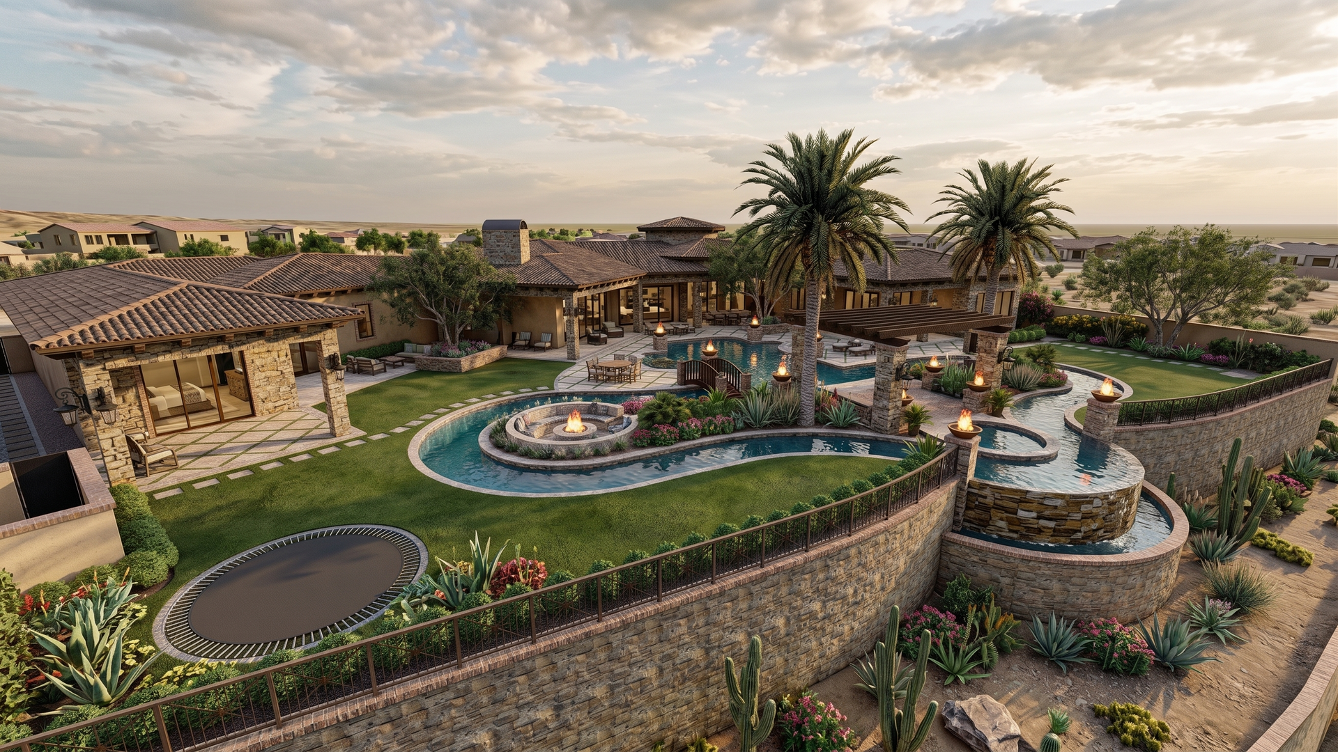 Luxury desert home with a lazy river, palm trees, fountains, and stone villas at sunset