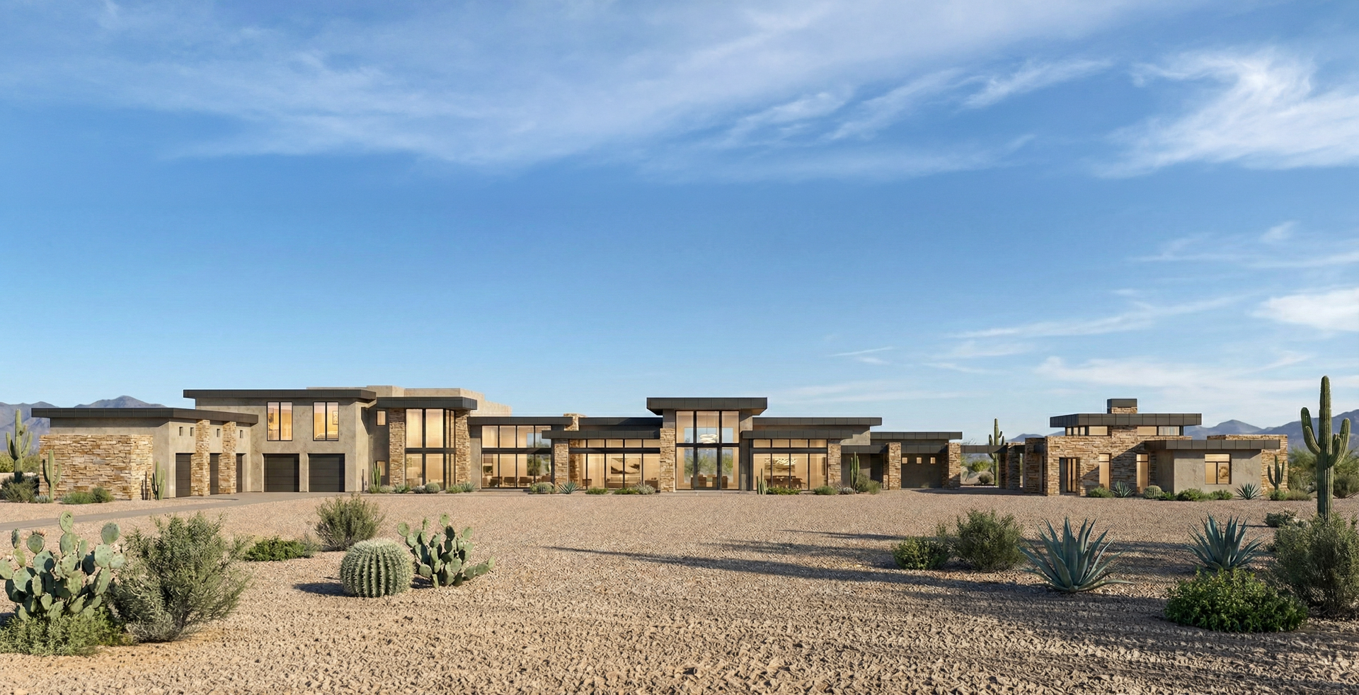 Desert style custom home under a blue sky, with stone walls and sparse shrubs in the foreground