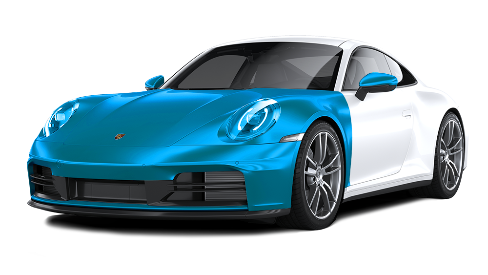 Blue and white sports car on a white background, front three-quarter view