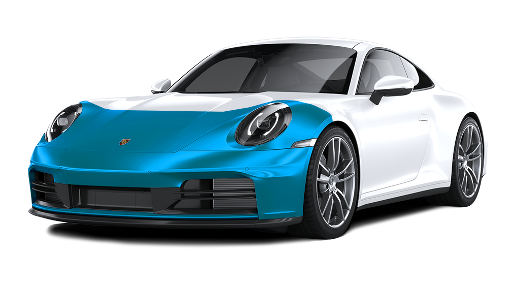 White sports car with a bright blue front end on a white background