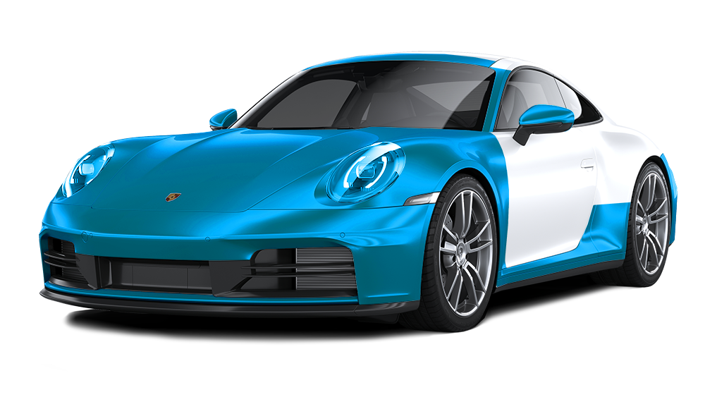 Blue and white sports car on a white background, angled front view