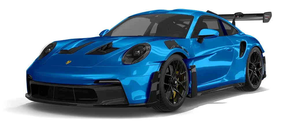 Blue sports car with black racing stripes, low front view, on a white background