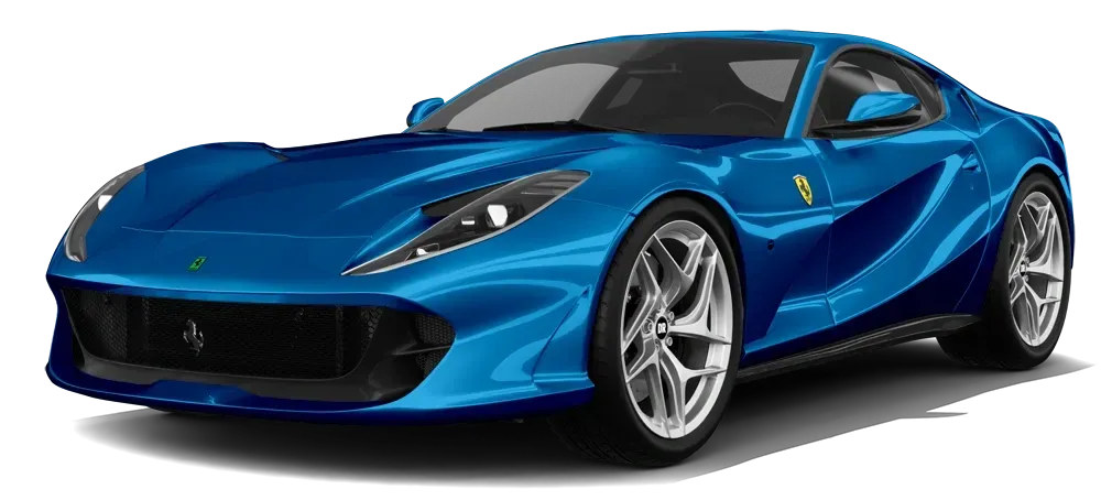 Blue sports car on a white background, angled front view