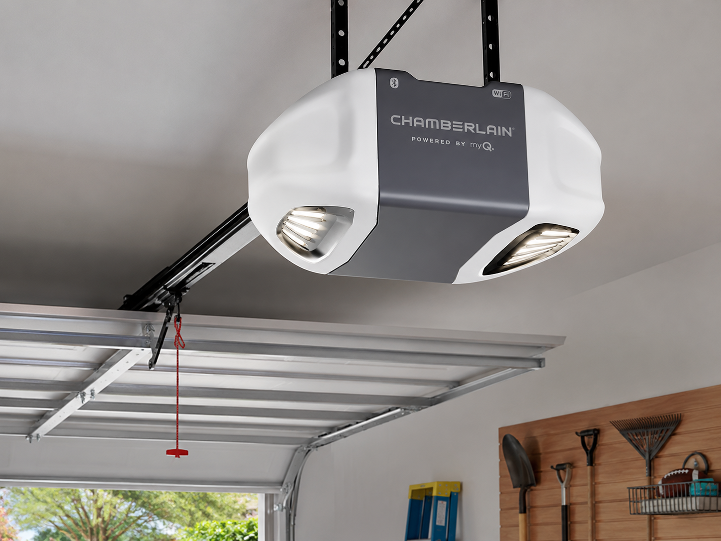 Modern garage door opener installed in a residential garage.