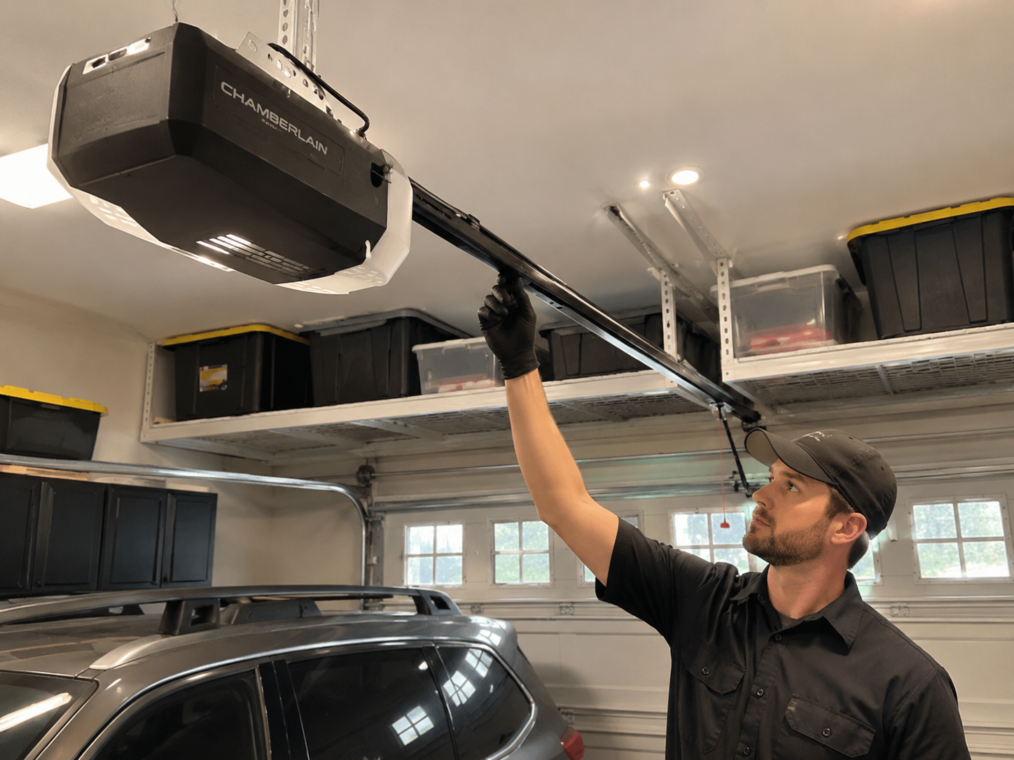 Man adjusting a garage door opener on the ceiling beside a parked car in a garage