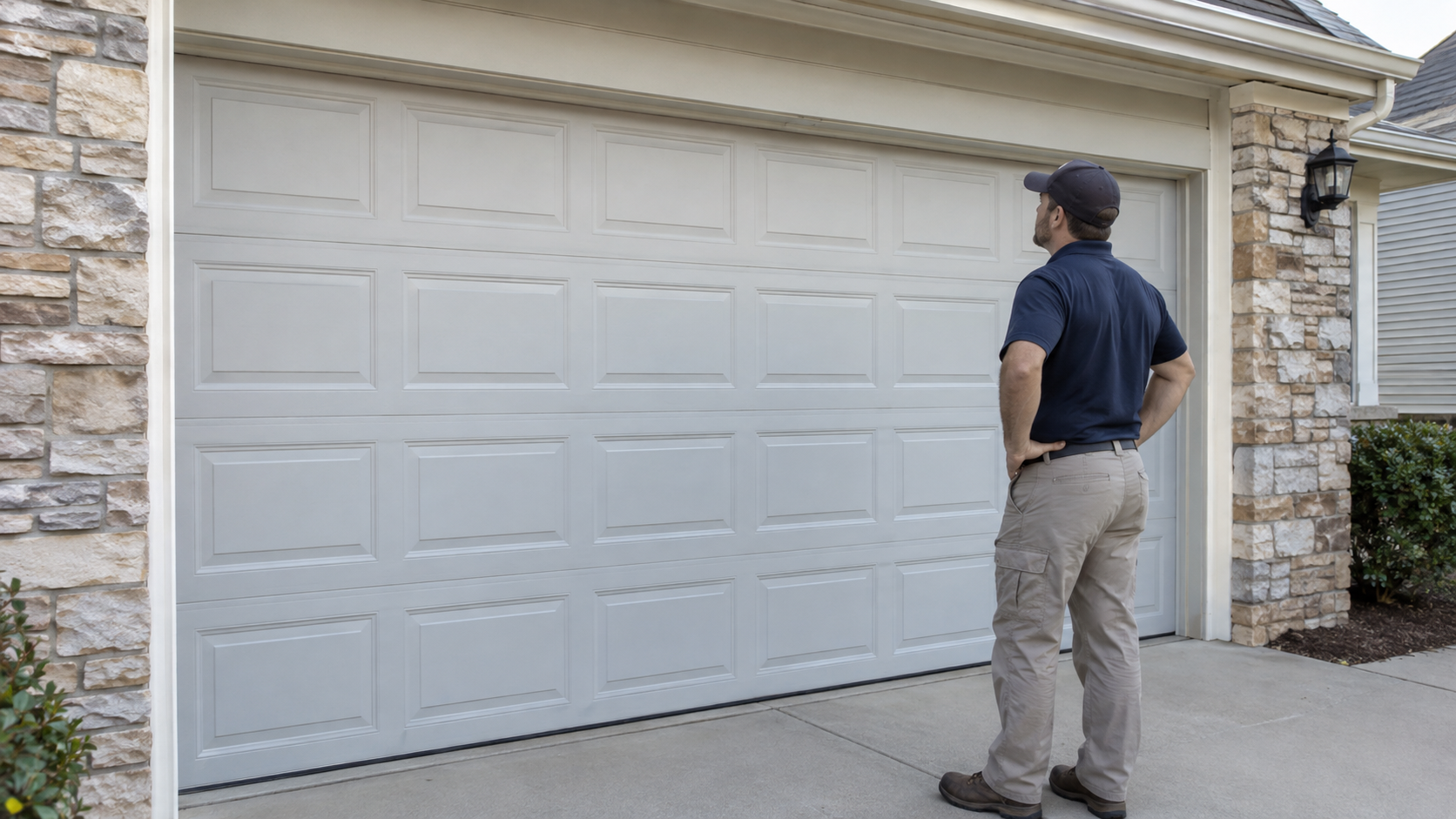 Man inspecting a closed residential garage door in Winchester CA