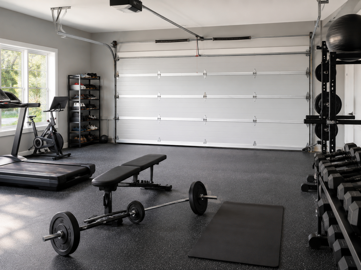Home gym with treadmill, weight bench, barbell, dumbbells, and a Insulated garage door backdrop